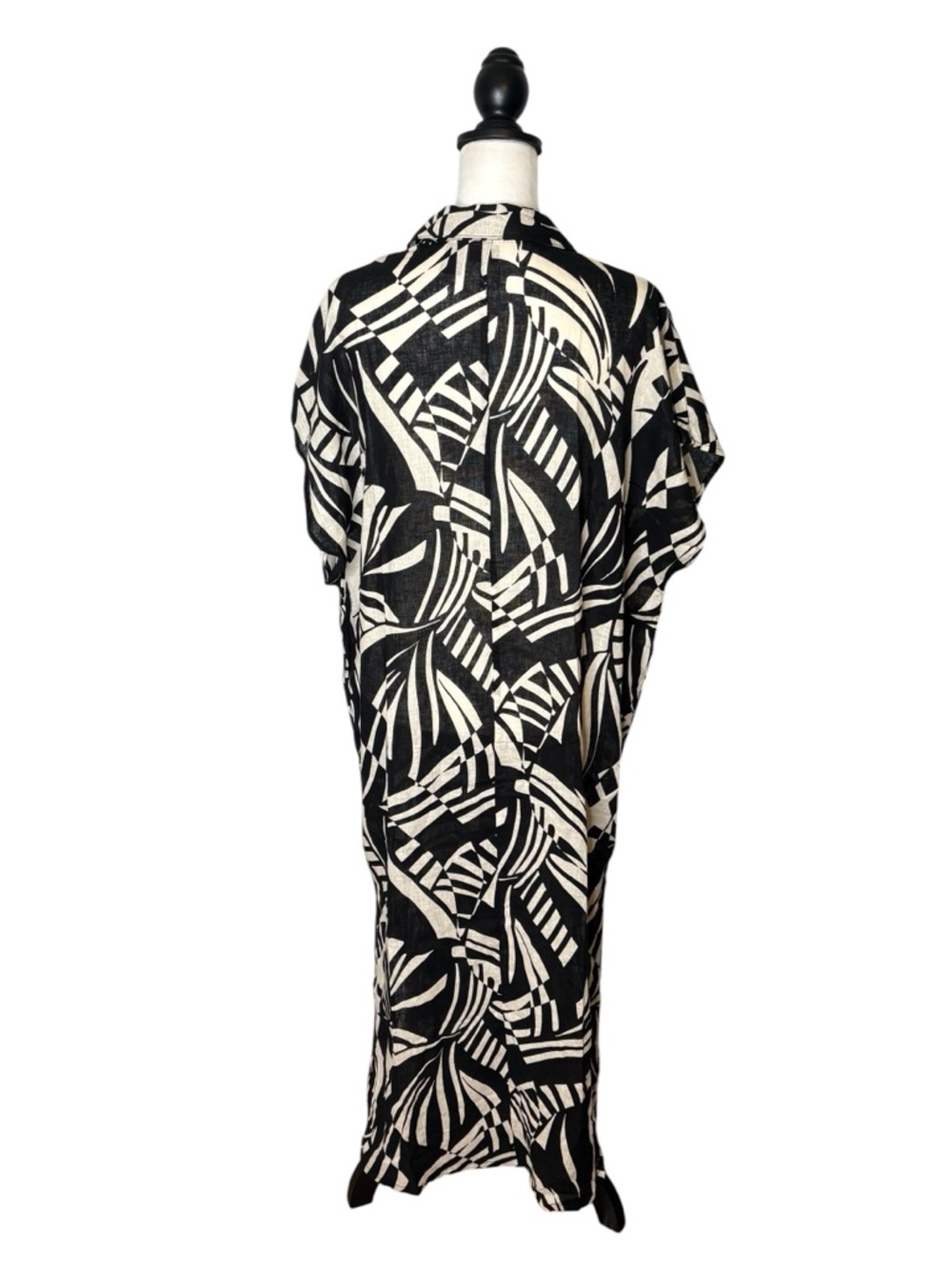 Tahari Linen Blend Kaftan Maxi Dress Black Off-White Geo Leaf Print • Size L - Picture 7 of 12